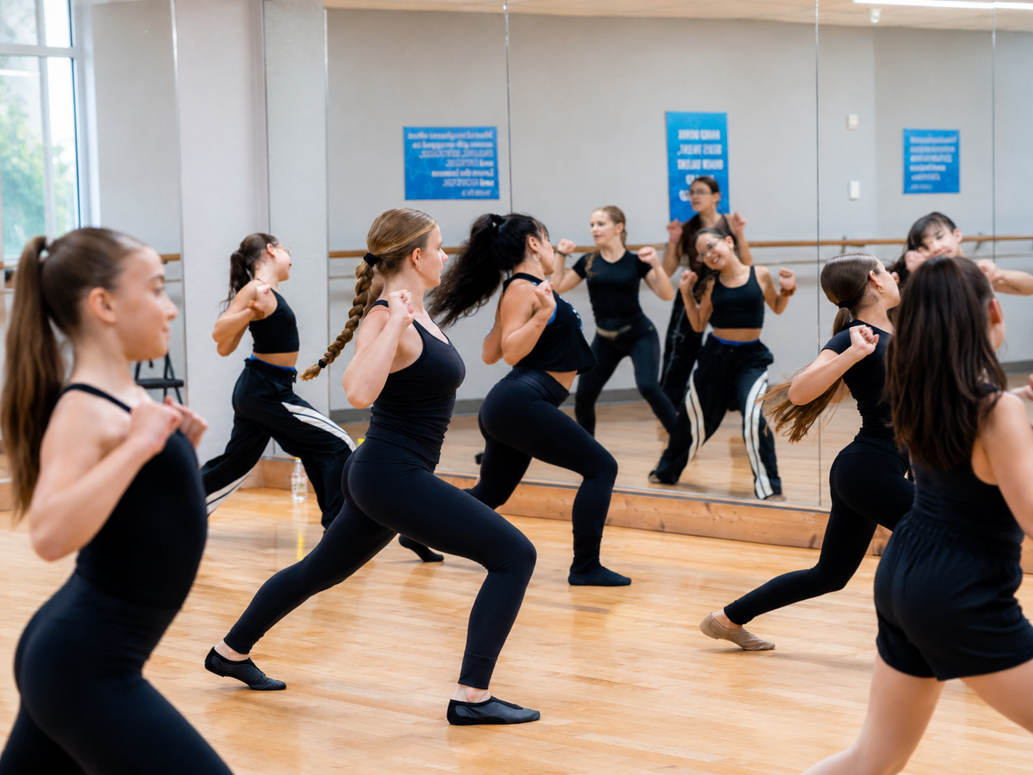Stage Door Studios teen dancers rehearsing choreography in the mirrored studio
