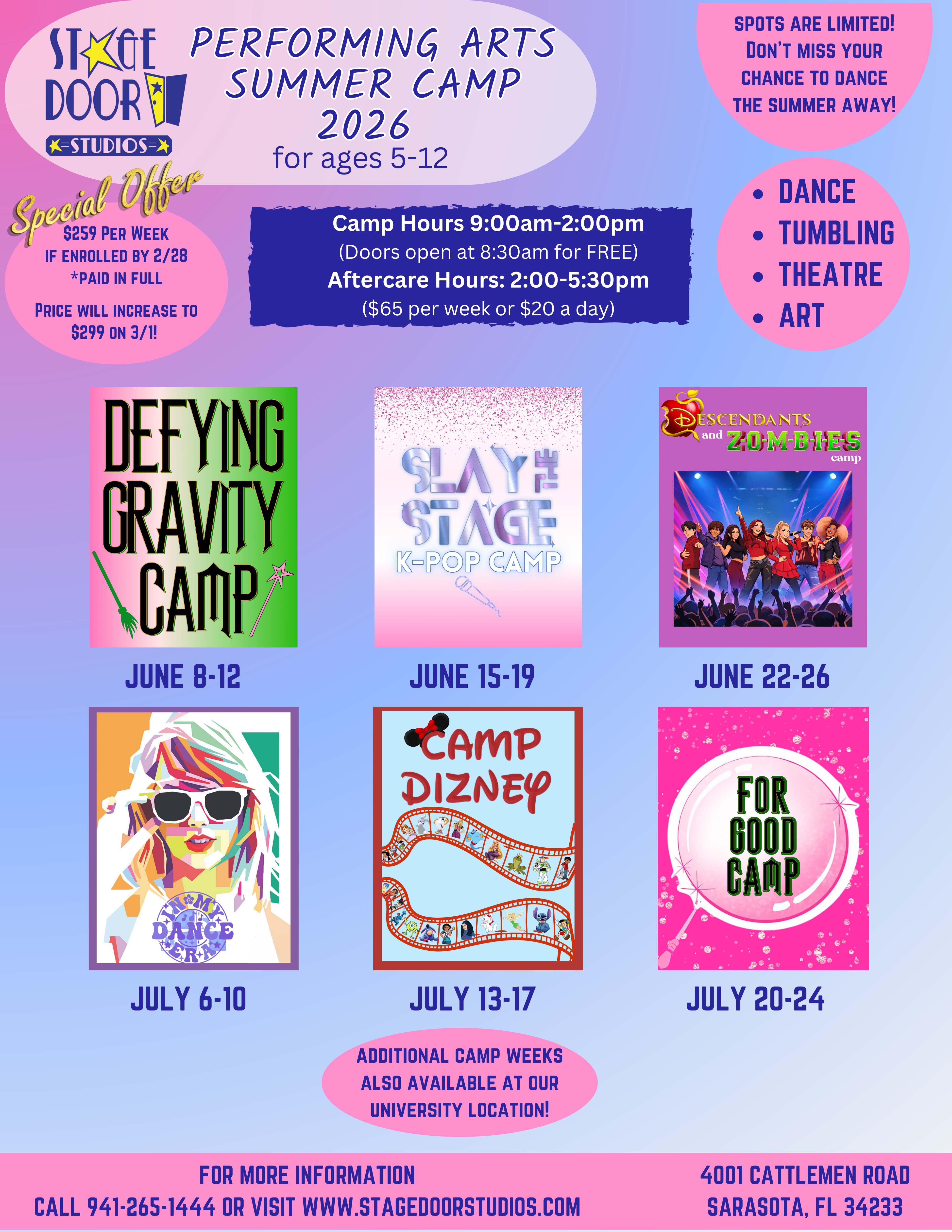 Stage Door Studios Performing Arts Summer Camp 2026 flyer with camp themes, dates, hours, and pricing